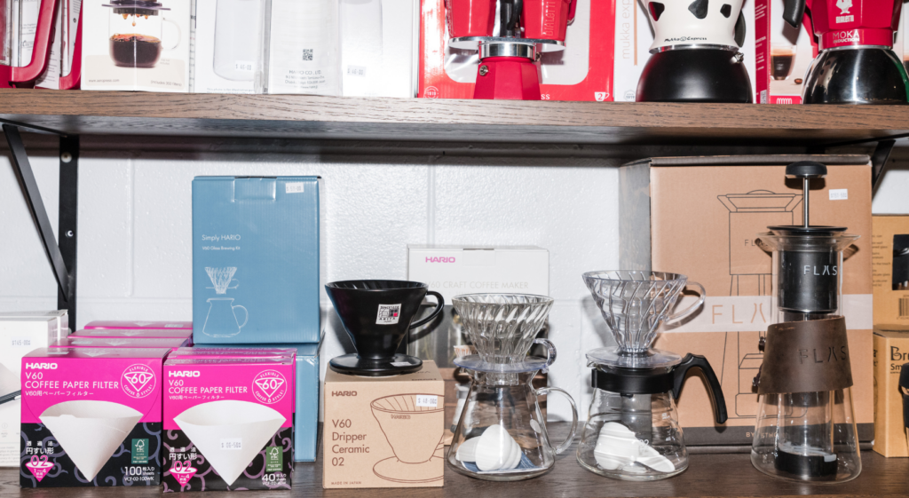 selection of coffee brewing equipment on a retail shelf